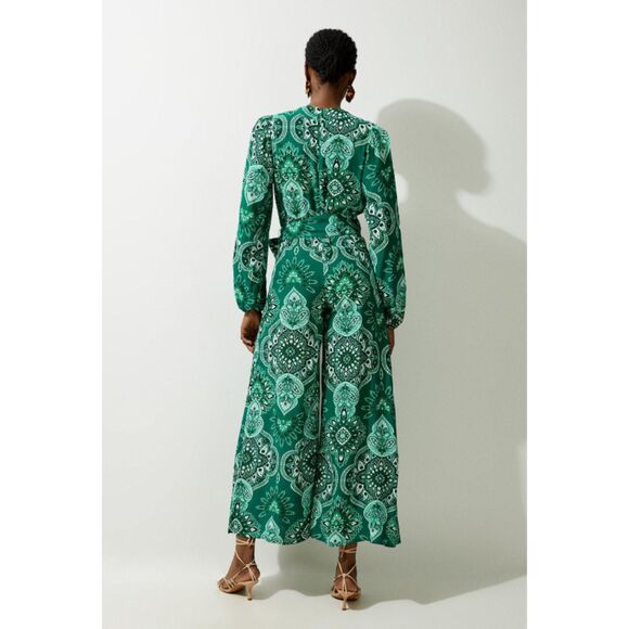 Karen Millen Petite Paisley Printed Morocain Woven Jumpsuit - Green 8 - Picture 3 of 12
